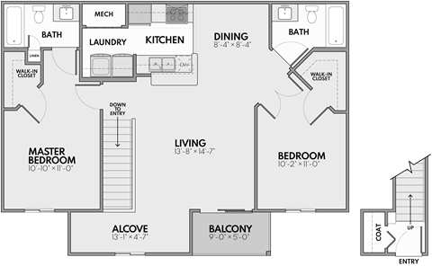 Floor plan for 2 beds, 2 baths, 1100 sqft